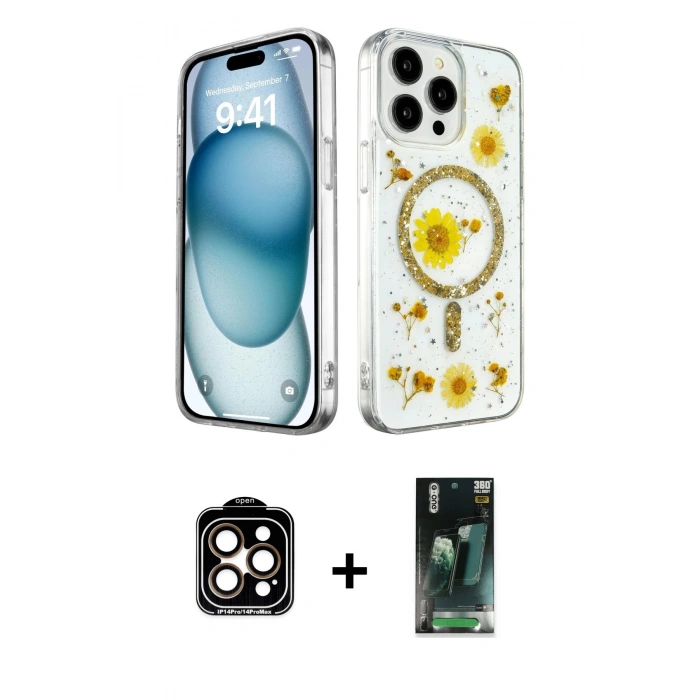 MARSİLYAN™- iPhone 15 Pro Max Kılıf Kozmos Doku - Siyah 360 Mat Full Body Arka Koruyucu + PVD Metal Kamera Lens - TU