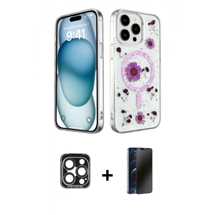 MARSİLYAN™- iPhone 15 Pro Max Kılıf Kozmos Doku - Siyah 3D Antistatik Hayalet Cam Ekran Koruyucu + PVD Metal Kamera Lens - LT