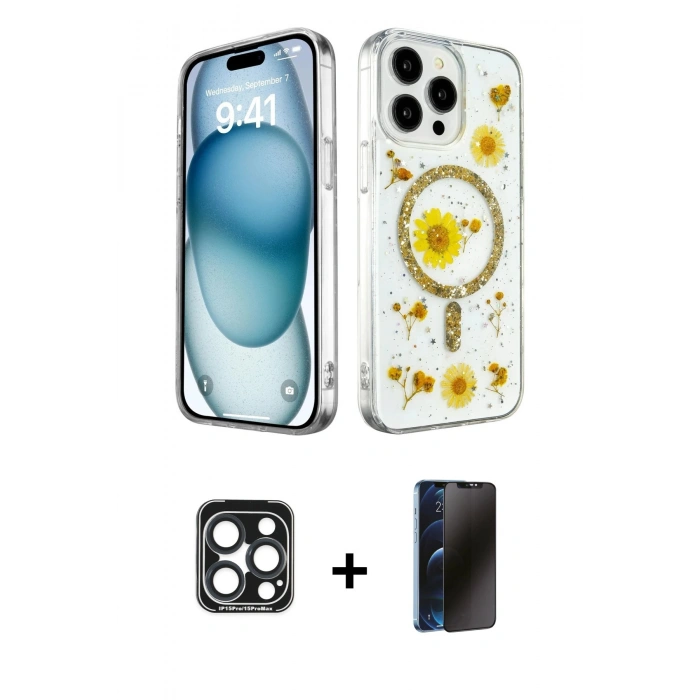 MARSİLYAN™- iPhone 15 Pro Max Kılıf Kozmos Doku - Siyah 3D Antistatik Hayalet Cam Ekran Koruyucu + PVD Metal Kamera Lens - LT