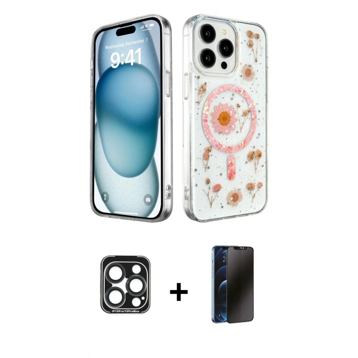 MARSİLYAN™- iPhone 15 Pro Max Kılıf Kozmos Doku - Siyah 3D Antistatik Hayalet Cam Ekran Koruyucu + PVD Metal Kamera Lens - LT