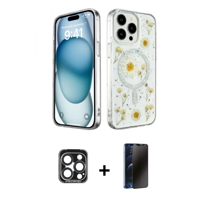 MARSİLYAN™- iPhone 15 Pro Max Kılıf Kozmos Doku - Siyah 3D Antistatik Hayalet Cam Ekran Koruyucu + PVD Metal Kamera Lens - LT