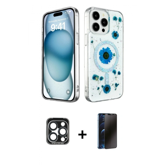 MARSİLYAN™- iPhone 15 Pro Max Kılıf Kozmos Doku - Siyah 3D Antistatik Hayalet Cam Ekran Koruyucu + PVD Metal Kamera Lens - LT