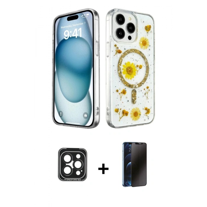MARSİLYAN™- iPhone 15 Pro Max Kılıf Kozmos Doku - Siyah 3D Antistatik Hayalet Cam Ekran Koruyucu + PVD Metal Kamera Lens - SH