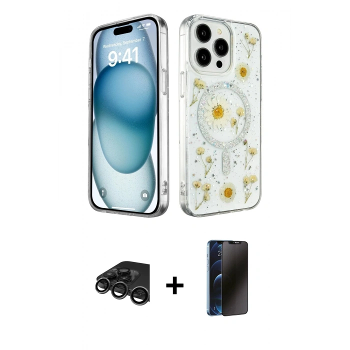 MARSİLYAN™- iPhone 15 Pro Max Kılıf Kozmos Doku - Siyah 3D Antistatik Hayalet Cam Ekran Koruyucu + Raze Metal Kamera Lens - TMGI