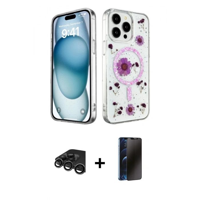 MARSİLYAN™- iPhone 15 Pro Max Kılıf Kozmos Doku - Siyah 3D Antistatik Hayalet Cam Ekran Koruyucu + Raze Metal Kamera Lens - TMGI