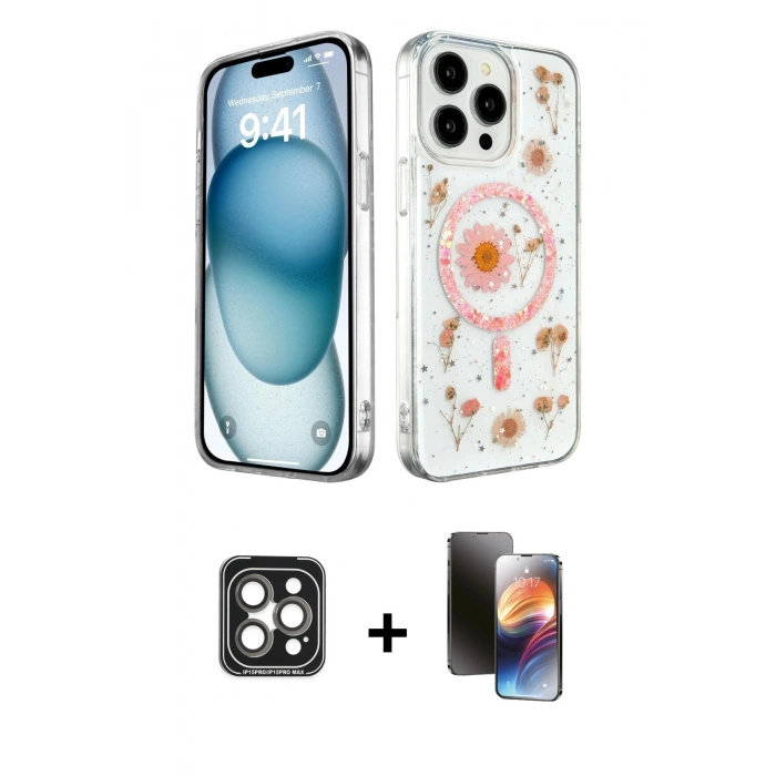 MARSİLYAN™- iPhone 15 Pro Max Kılıf Kozmos Doku - Siyah 3D Antistatik Mat Seramik Nano Ekran Koruyucu + PVD Metal Kamera Lens - GI