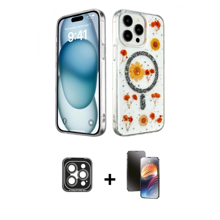 MARSİLYAN™- iPhone 15 Pro Max Kılıf Kozmos Doku - Siyah 3D Antistatik Mat Seramik Nano Ekran Koruyucu + PVD Metal Kamera Lens - GI