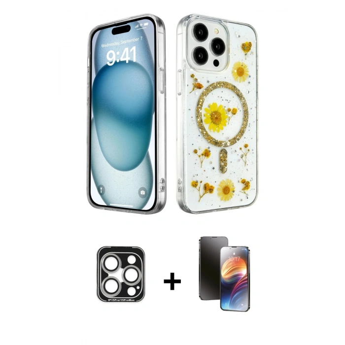 MARSİLYAN™- iPhone 15 Pro Max Kılıf Kozmos Doku - Siyah 3D Antistatik Mat Seramik Nano Ekran Koruyucu + PVD Metal Kamera Lens - GS