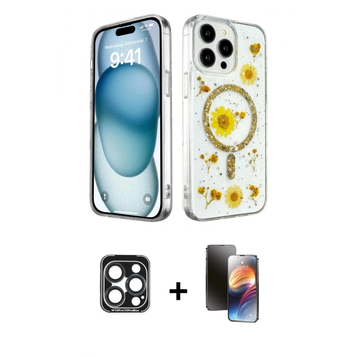 MARSİLYAN™- iPhone 15 Pro Max Kılıf Kozmos Doku - Siyah 3D Antistatik Mat Seramik Nano Ekran Koruyucu + PVD Metal Kamera Lens - LT