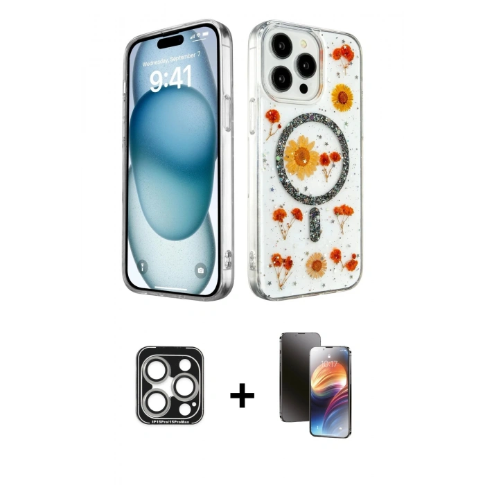 MARSİLYAN™- iPhone 15 Pro Max Kılıf Kozmos Doku - Siyah 3D Antistatik Mat Seramik Nano Ekran Koruyucu + PVD Metal Kamera Lens - GS