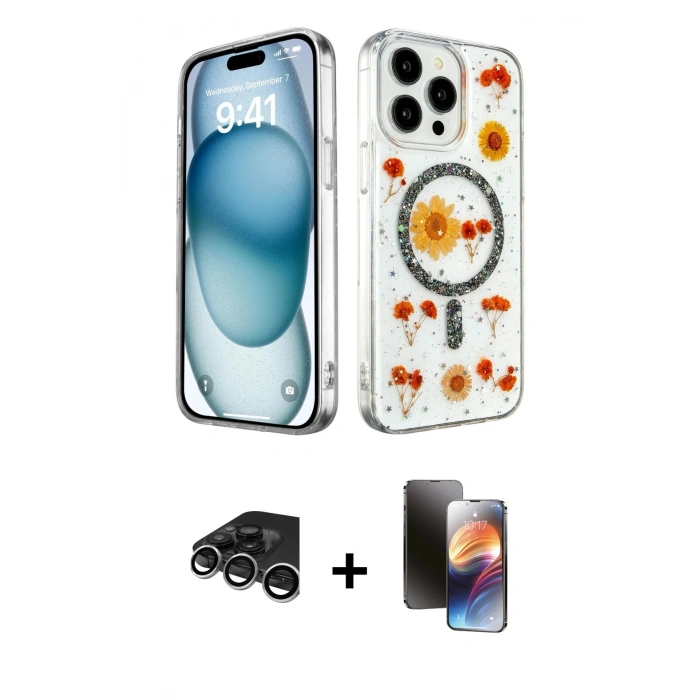 MARSİLYAN™- iPhone 15 Pro Max Kılıf Kozmos Doku - Siyah 3D Antistatik Mat Seramik Nano Ekran Koruyucu + Raze Metal Kamera Lens - GS