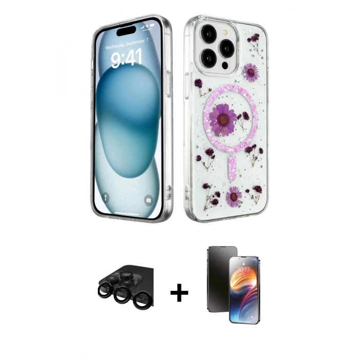 MARSİLYAN™- iPhone 15 Pro Max Kılıf Kozmos Doku - Siyah 3D Antistatik Mat Seramik Nano Ekran Koruyucu + Raze Metal Kamera Lens - SH