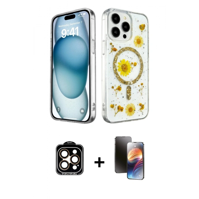 MARSİLYAN™- iPhone 15 Pro Max Kılıf Kozmos Doku - Siyah 3D Antistatik Mat Seramik Nano Ekran Koruyucu + PVD Metal Kamera Lens - TU