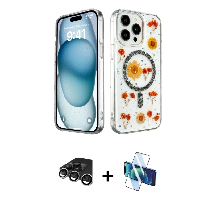 MARSİLYAN™- iPhone 15 Pro Max Kılıf Kozmos Doku - Siyah 3D Antistatik Seramik Nano Ekran Koruyucu + Raze Metal Kamera Lens - GS