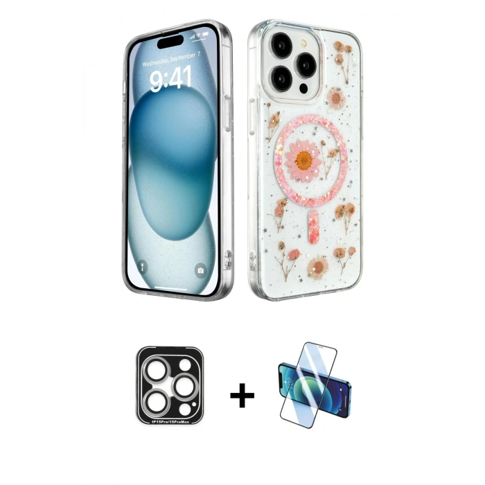 MARSİLYAN™- iPhone 15 Pro Max Kılıf Kozmos Doku - Siyah 3D Antistatik Seramik Nano Ekran Koruyucu + Gümüş PVD Metal Kamera Lens