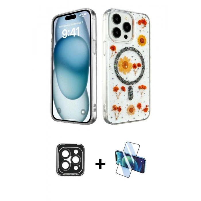 MARSİLYAN™- iPhone 15 Pro Max Kılıf Kozmos Doku - Siyah 3D Antistatik Seramik Nano Ekran Koruyucu + PVD Metal Kamera Lens - SH