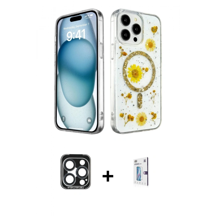 MARSİLYAN™- iPhone 15 Pro Max Kılıf Kozmos Doku - Siyah Bilvis 0.18mm Plus Cam Ekran Koruyucu + PVD Metal Kamera Lens - LT