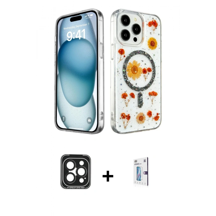 MARSİLYAN™- iPhone 15 Pro Max Kılıf Kozmos Doku - Siyah Bilvis 0.18mm Plus Cam Ekran Koruyucu + PVD Metal Kamera Lens - SH