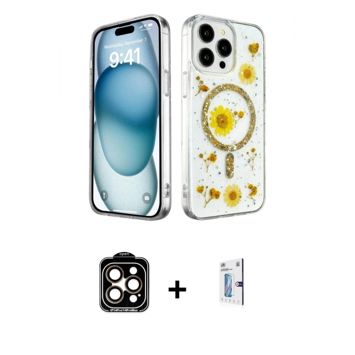 MARSİLYAN™- iPhone 15 Pro Max Kılıf Kozmos Doku - Siyah Bilvis 0.18mm Plus Cam Ekran Koruyucu + PVD Metal Kamera Lens - TU