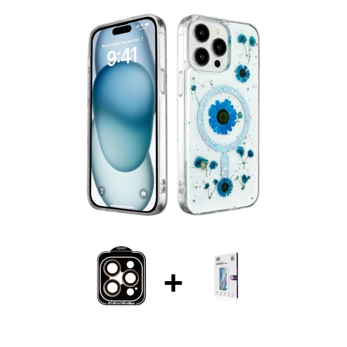 MARSİLYAN™- iPhone 15 Pro Max Kılıf Kozmos Doku - Siyah Bilvis 0.18mm Plus Cam Ekran Koruyucu + PVD Metal Kamera Lens - TU