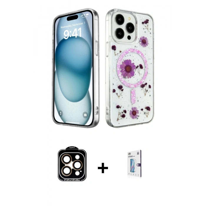 MARSİLYAN™- iPhone 15 Pro Max Kılıf Kozmos Doku - Siyah Bilvis 0.18mm Plus Cam Ekran Koruyucu + PVD Metal Kamera Lens - TU