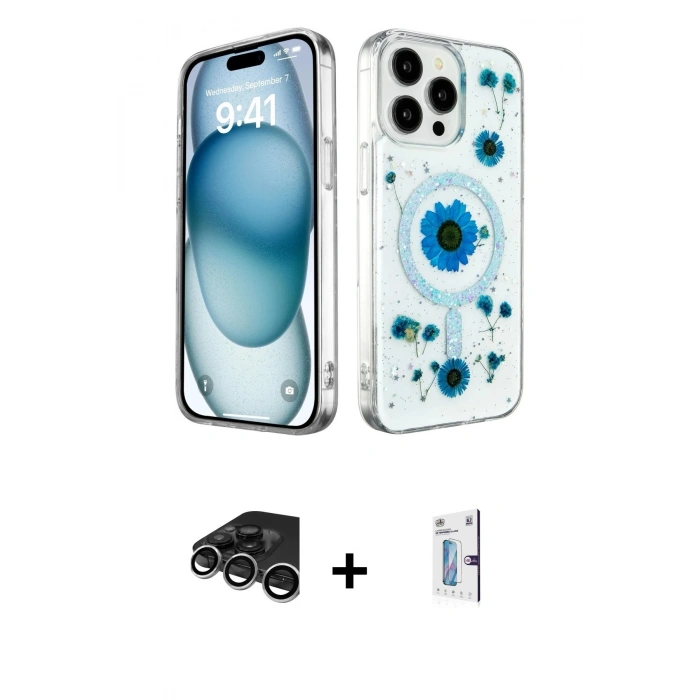 MARSİLYAN™- iPhone 15 Pro Max Kılıf Kozmos Doku - Siyah Bilvis 0.18mm Plus Cam Ekran Koruyucu + Raze Metal Kamera Lens - GS