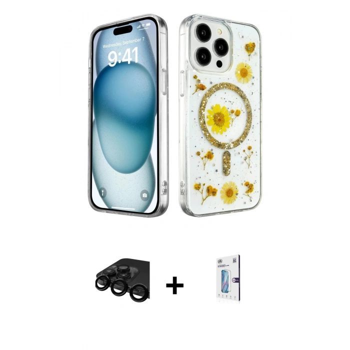 MARSİLYAN™- iPhone 15 Pro Max Kılıf Kozmos Doku - Siyah Bilvis 0.18mm Plus Cam Ekran Koruyucu + Siyah Raze Metal Kamera Lens