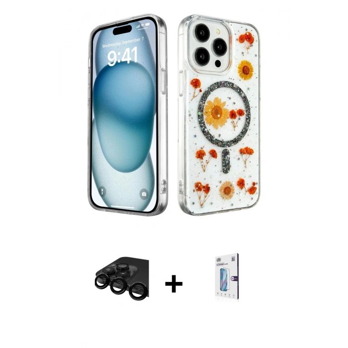 MARSİLYAN™- iPhone 15 Pro Max Kılıf Kozmos Doku - Siyah Bilvis 0.18mm Plus Cam Ekran Koruyucu + Siyah Raze Metal Kamera Lens