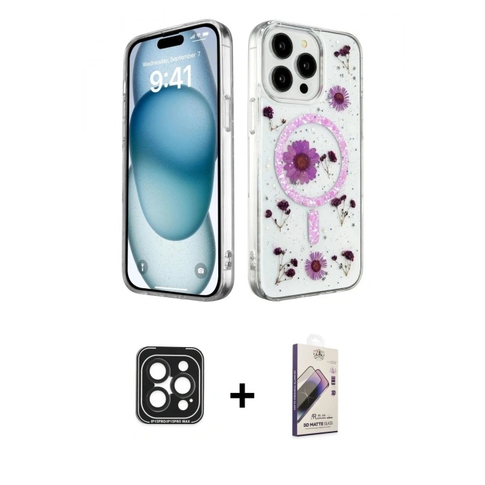 MARSİLYAN™- iPhone 15 Pro Max Kılıf Kozmos Doku - Siyah Bilvis 3D Mat Cam Ekran Koruyucu + PVD Metal Kamera Lens - SH