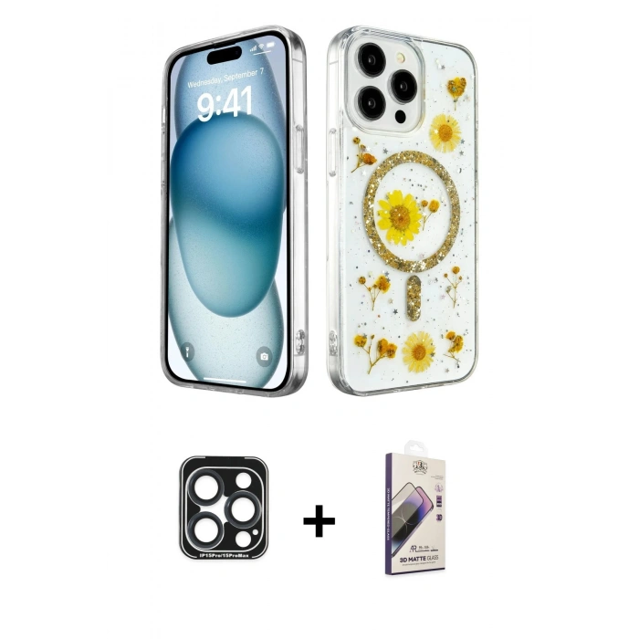 MARSİLYAN™- iPhone 15 Pro Max Kılıf Kozmos Doku - Siyah Bilvis 3D Mat Cam Ekran Koruyucu + PVD Metal Kamera Lens - LT