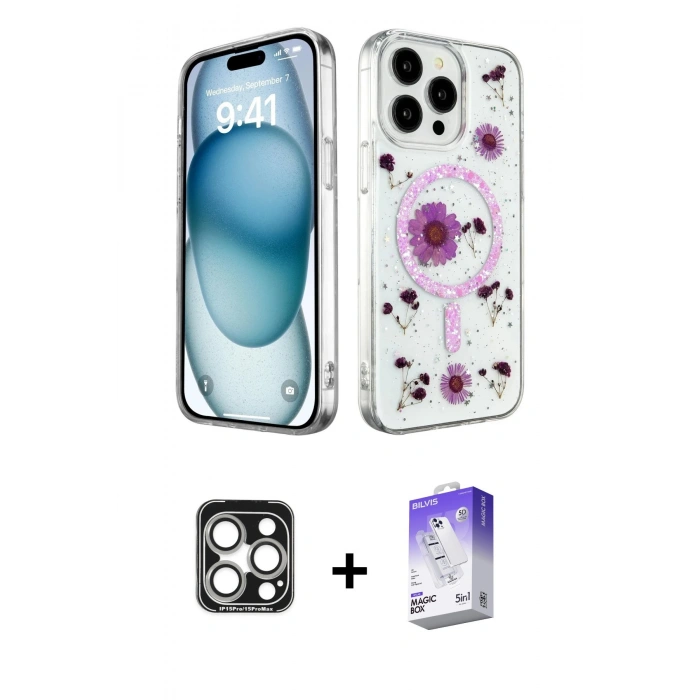 MARSİLYAN™- iPhone 15 Pro Max Kılıf Kozmos Doku - Siyah Bilvis 5in1 3D Magic Cam Ekran Koruyucu + PVD Metal Kamera Lens - GS