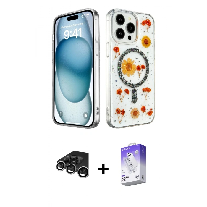 MARSİLYAN™- iPhone 15 Pro Max Kılıf Kozmos Doku - Siyah Bilvis 5in1 3D Magic Cam Ekran Koruyucu + Raze Metal Kamera Lens - GS