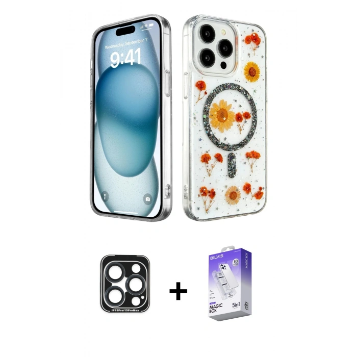 MARSİLYAN™- iPhone 15 Pro Max Kılıf Kozmos Doku - Siyah Bilvis 5in1 3D Magic Cam Ekran Koruyucu + PVD Metal Kamera Lens - LT