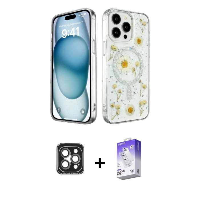 MARSİLYAN™- iPhone 15 Pro Max Kılıf Kozmos Doku - Siyah Bilvis 5in1 3D Magic Cam Ekran Koruyucu + PVD Metal Kamera Lens - GI