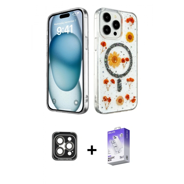 MARSİLYAN™- iPhone 15 Pro Max Kılıf Kozmos Doku - Siyah Bilvis 5in1 3D Magic Cam Ekran Koruyucu + PVD Metal Kamera Lens - GI