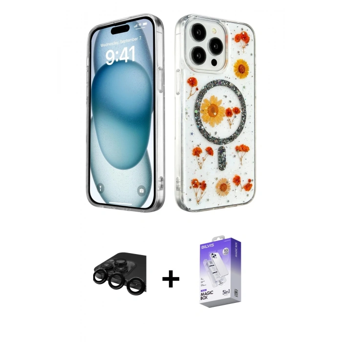 MARSİLYAN™- iPhone 15 Pro Max Kılıf Kozmos Doku - Siyah Bilvis 5in1 3D Magic Cam Ekran Koruyucu + Raze Metal Kamera Lens - SH