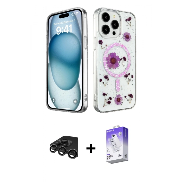 MARSİLYAN™- iPhone 15 Pro Max Kılıf Kozmos Doku - Siyah Bilvis 5in1 3D Magic Cam Ekran Koruyucu + Raze Metal Kamera Lens - TMGI