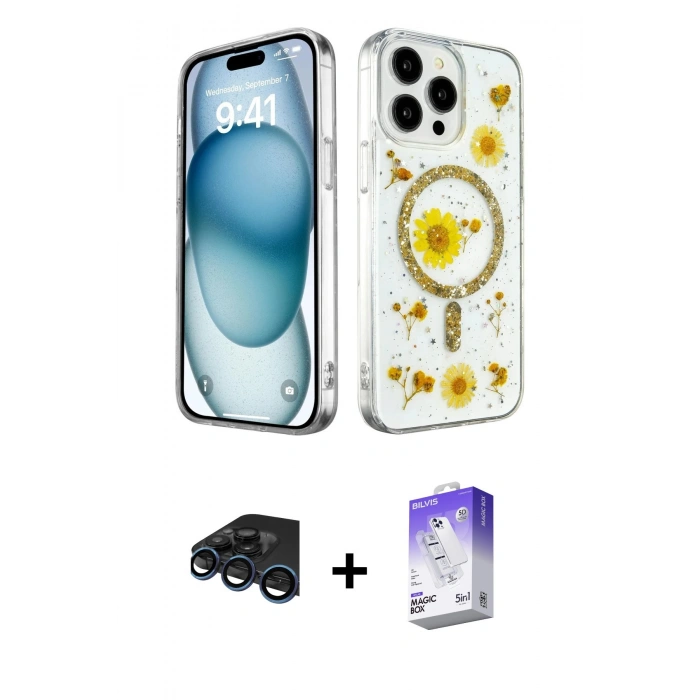 MARSİLYAN™- iPhone 15 Pro Max Kılıf Kozmos Doku - Siyah Bilvis 5in1 3D Magic Cam Ekran Koruyucu + Raze Metal Kamera Lens - LT