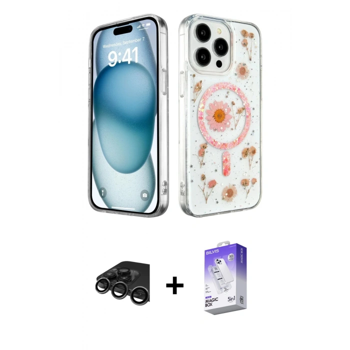 MARSİLYAN™- iPhone 15 Pro Max Kılıf Kozmos Doku - Siyah Bilvis 5in1 3D Magic Cam Ekran Koruyucu + Raze Metal Kamera Lens - TMGI