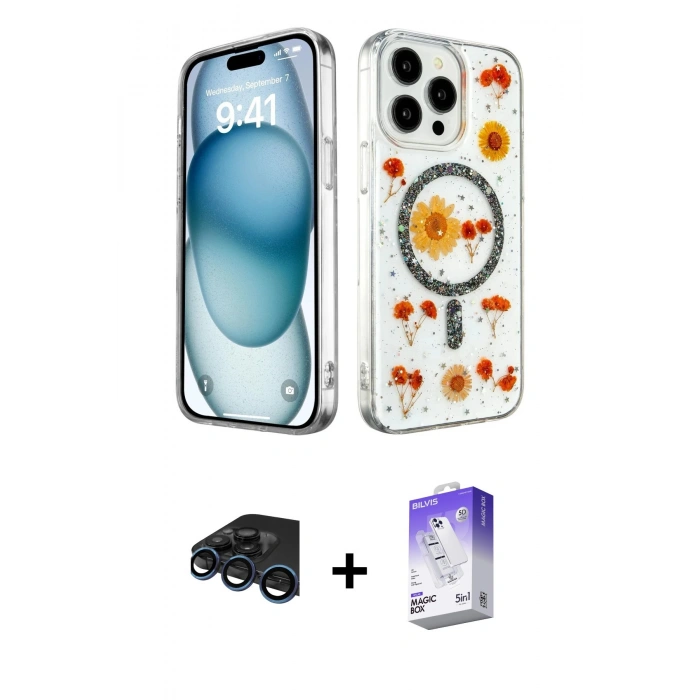 MARSİLYAN™- iPhone 15 Pro Max Kılıf Kozmos Doku - Siyah Bilvis 5in1 3D Magic Cam Ekran Koruyucu + Raze Metal Kamera Lens - LT