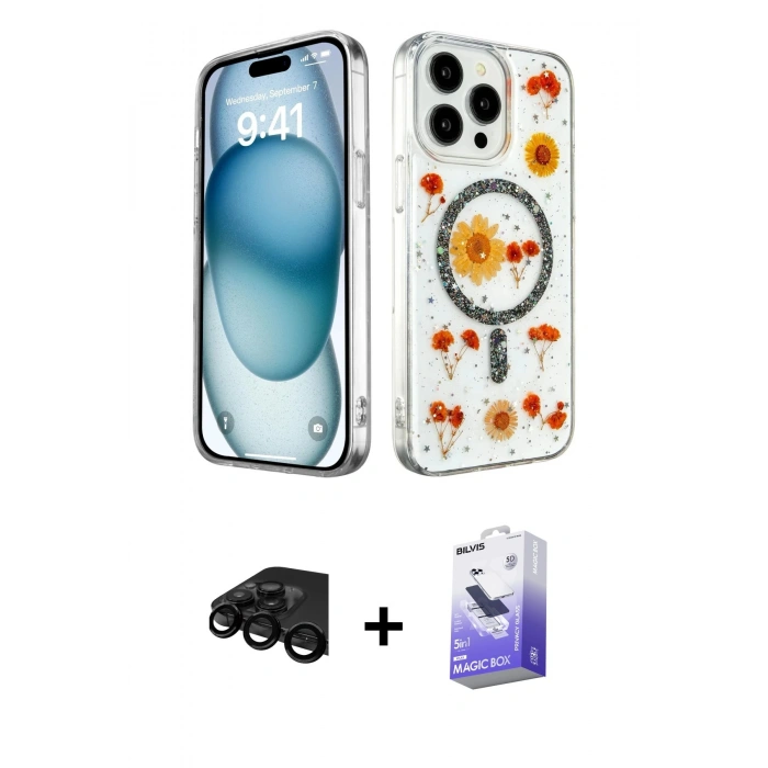 MARSİLYAN™- iPhone 15 Pro Max Kılıf Kozmos Doku - Siyah Bilvis 5in1 5D Magic Hayalet Cam Ekran Koruyucu + Raze Metal Kamera Lens - SH