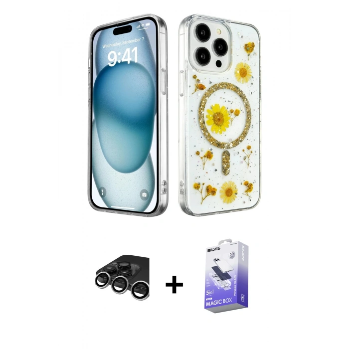 MARSİLYAN™- iPhone 15 Pro Max Kılıf Kozmos Doku - Siyah Bilvis 5in1 5D Magic Hayalet Cam Ekran Koruyucu + Raze Metal Kamera Lens - GS