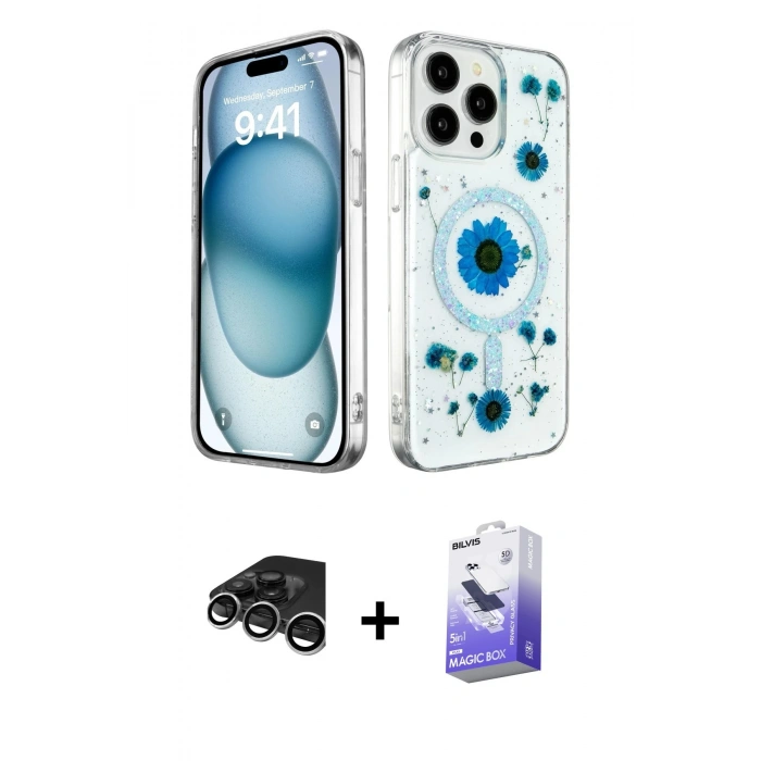 MARSİLYAN™- iPhone 15 Pro Max Kılıf Kozmos Doku - Siyah Bilvis 5in1 5D Magic Hayalet Cam Ekran Koruyucu + Raze Metal Kamera Lens - GS