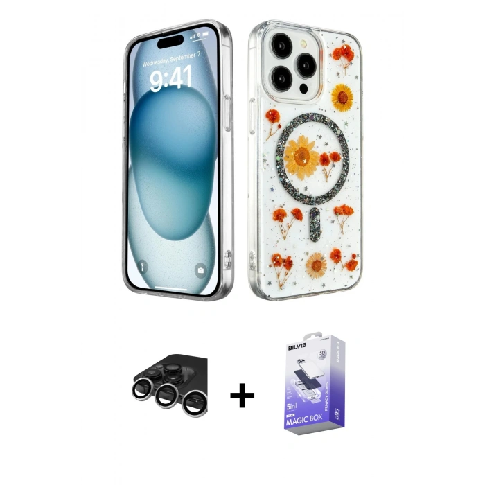 MARSİLYAN™- iPhone 15 Pro Max Kılıf Kozmos Doku - Siyah Bilvis 5in1 5D Magic Hayalet Cam Ekran Koruyucu + Raze Metal Kamera Lens - GS
