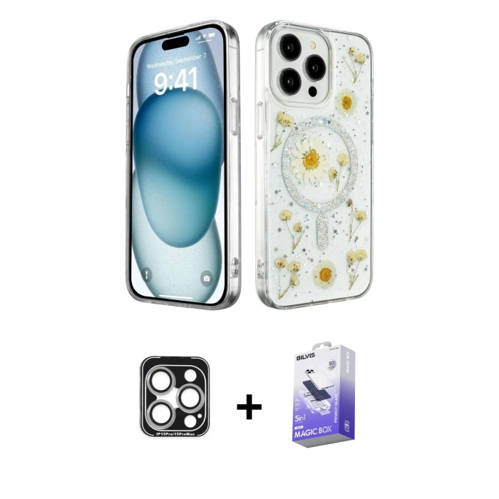 MARSİLYAN™- iPhone 15 Pro Max Kılıf Kozmos Doku - Siyah Bilvis 5in1 5D Magic Hayalet Cam Ekran Koruyucu + PVD Metal Kamera Lens - GS