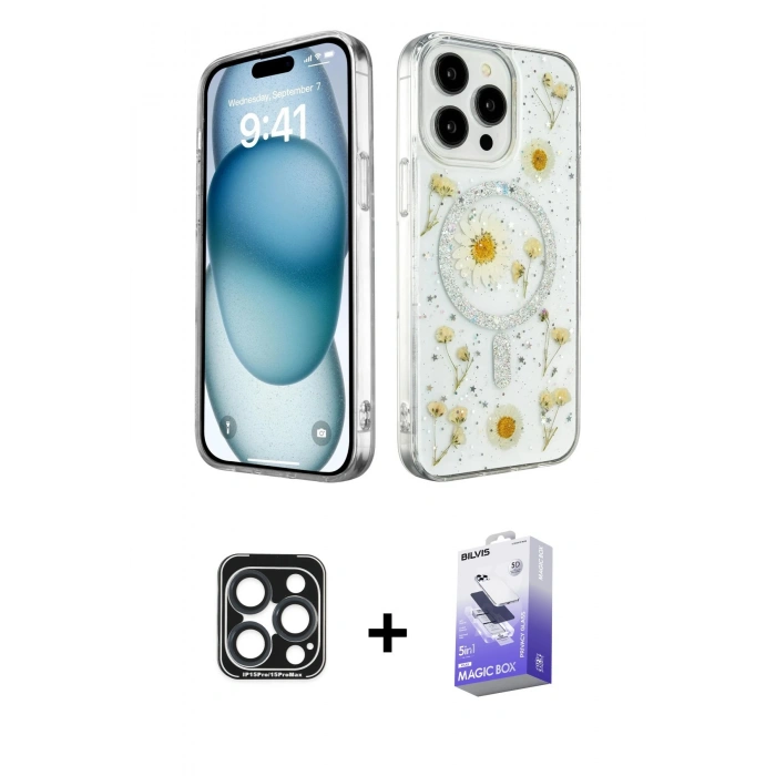MARSİLYAN™- iPhone 15 Pro Max Kılıf Kozmos Doku - Siyah Bilvis 5in1 5D Magic Hayalet Cam Ekran Koruyucu + PVD Metal Kamera Lens - LT