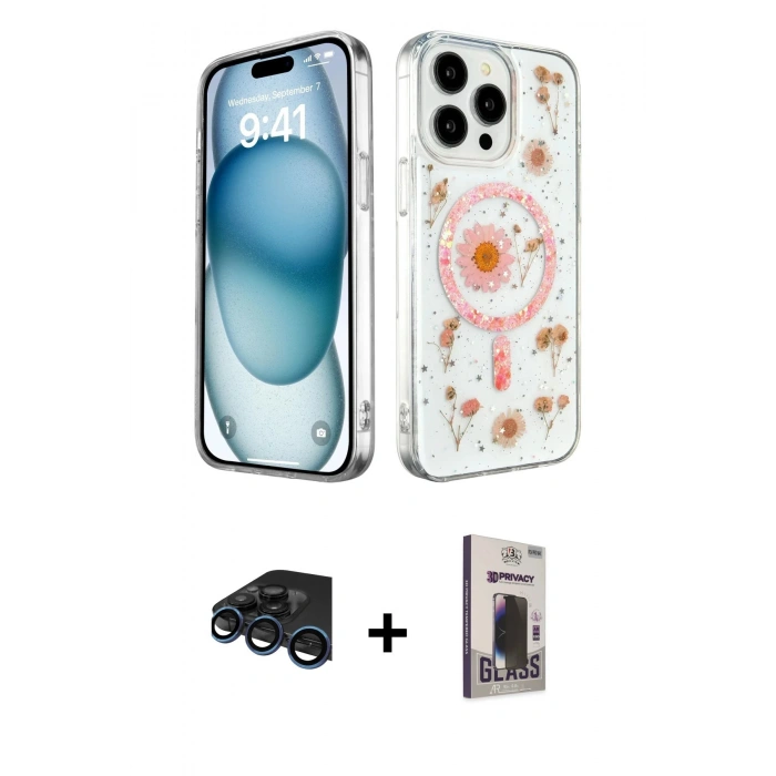 MARSİLYAN™- iPhone 15 Pro Max Kılıf Kozmos Doku - Siyah Bilvis Hayalet Cam Ekran Koruyucu + Raze Metal Kamera Lens - LT