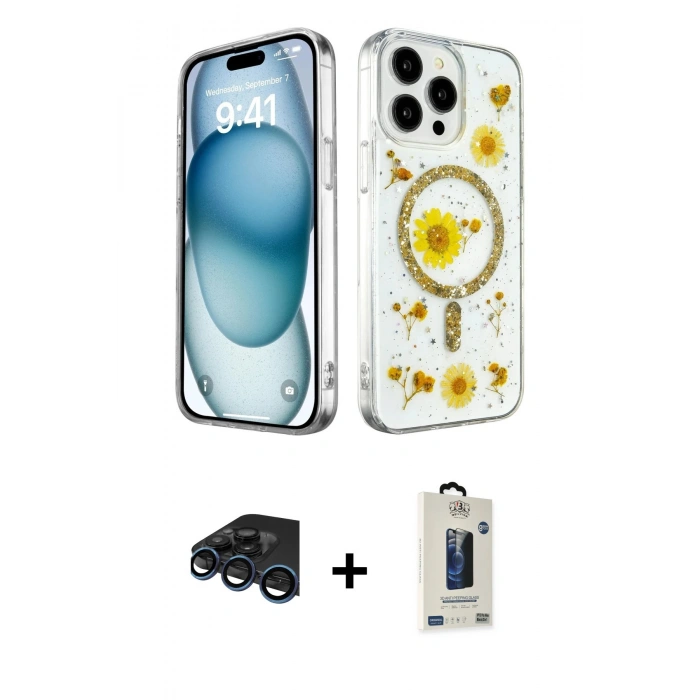 MARSİLYAN™- iPhone 15 Pro Max Kılıf Kozmos Doku - Siyah Bilvis Hayalet Cam Ekran Koruyucu + Raze Metal Kamera Lens - LT