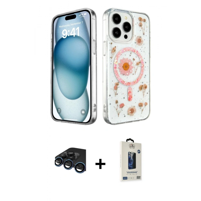 MARSİLYAN™- iPhone 15 Pro Max Kılıf Kozmos Doku - Siyah Bilvis Hayalet Cam Ekran Koruyucu + Raze Metal Kamera Lens - LT