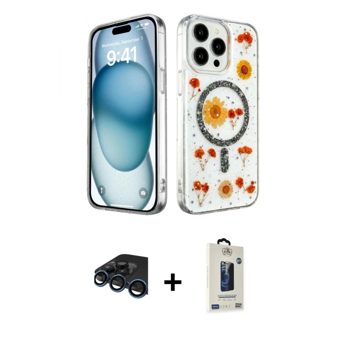 MARSİLYAN™- iPhone 15 Pro Max Kılıf Kozmos Doku - Siyah Bilvis Hayalet Cam Ekran Koruyucu + Raze Metal Kamera Lens - LT